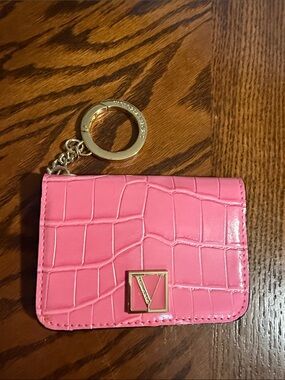Pink Croc-Embossed Compact Card Case with Gold Keyring